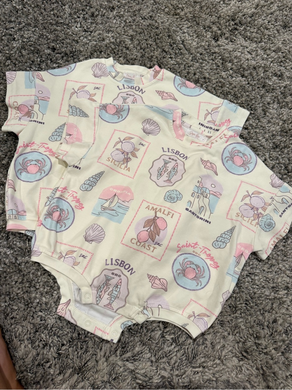 Cream Baby One-Piece Bodysuit with Pastel Travel Print